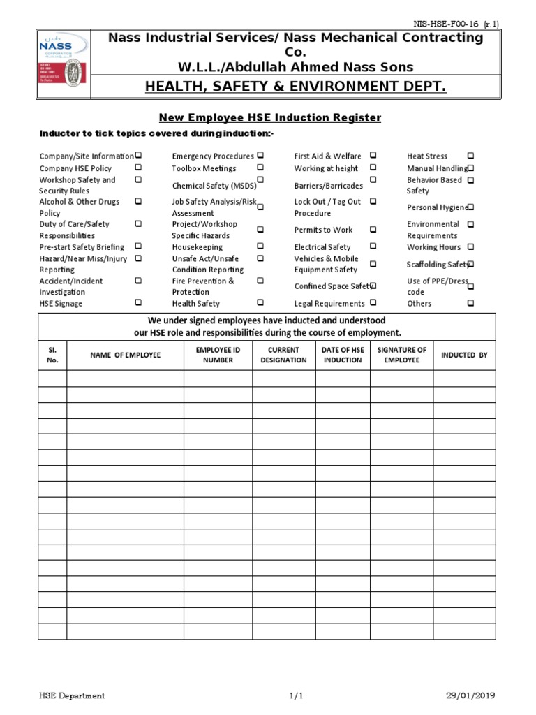 New Employee HSE Induction Register | PDF | Labor Relations | Employment