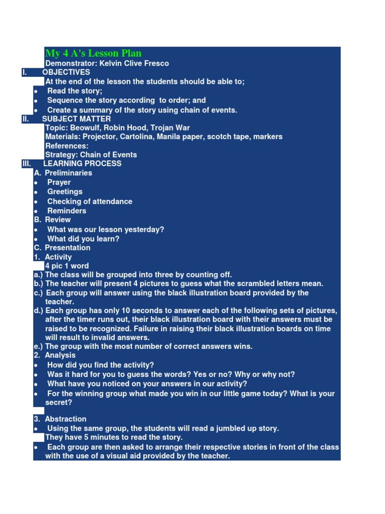 4as LESSON PLAN | PDF | Lesson Plan | Teaching