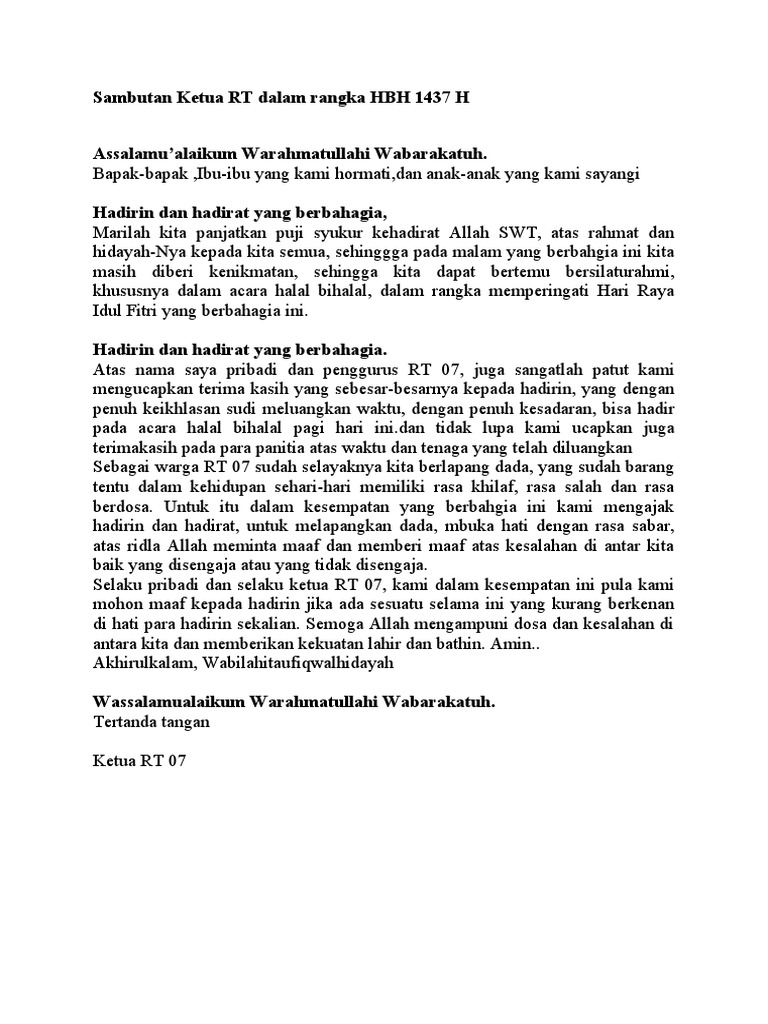 Sambutan Ketua Rt Dalam Rangka Hbh 1437 H