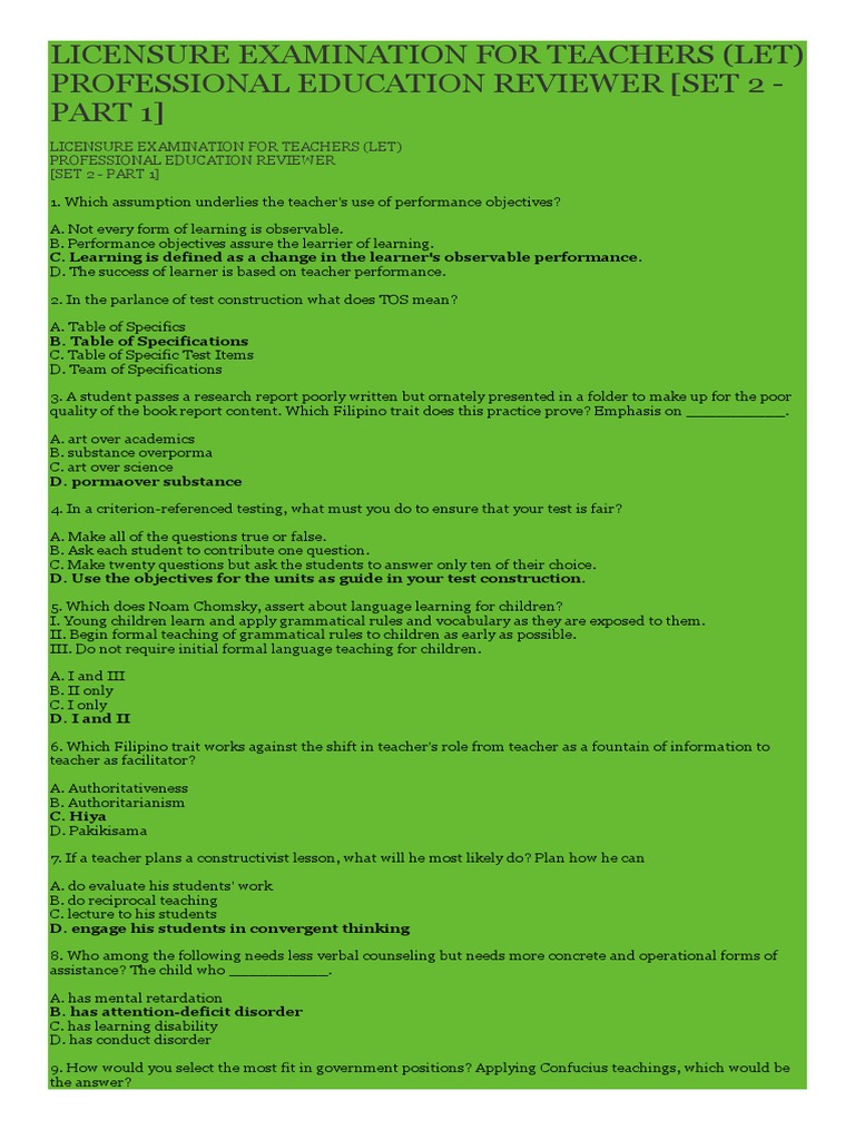 LET Professional Education Reviewer Set 2 | PDF | Teachers | Test ...