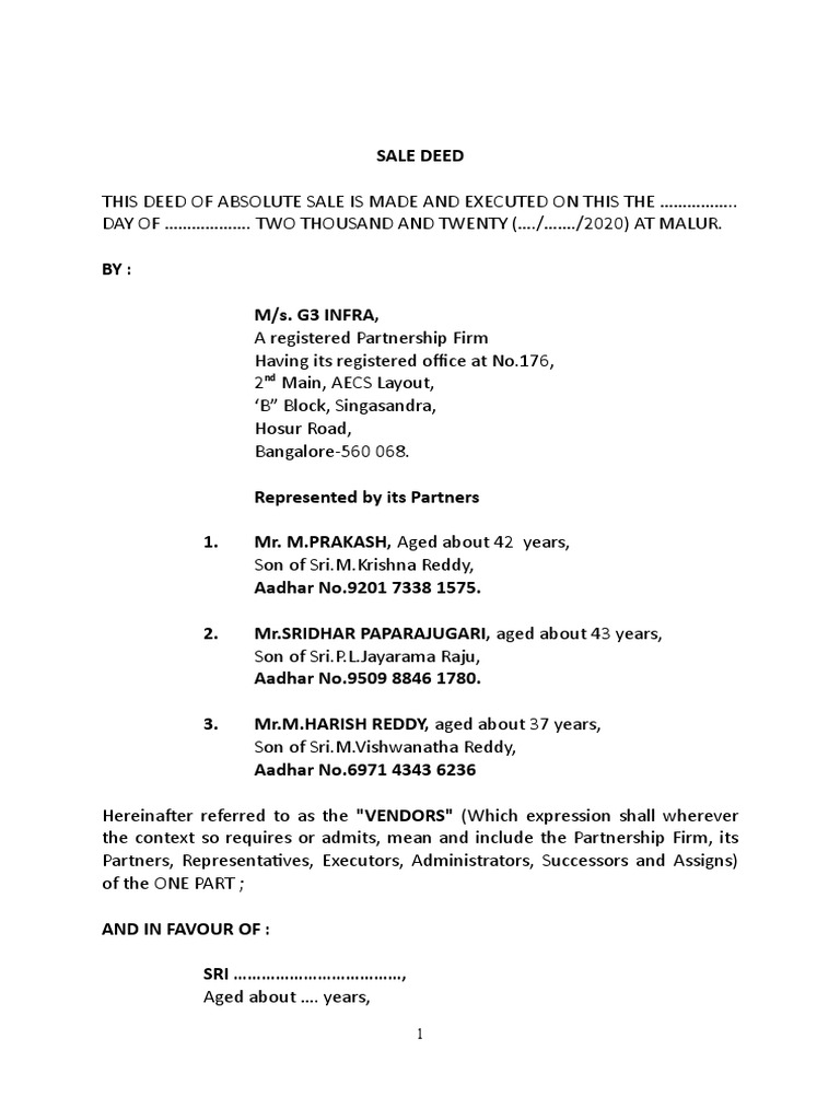 Proforma of Sale Deed PDF Property Private Law
