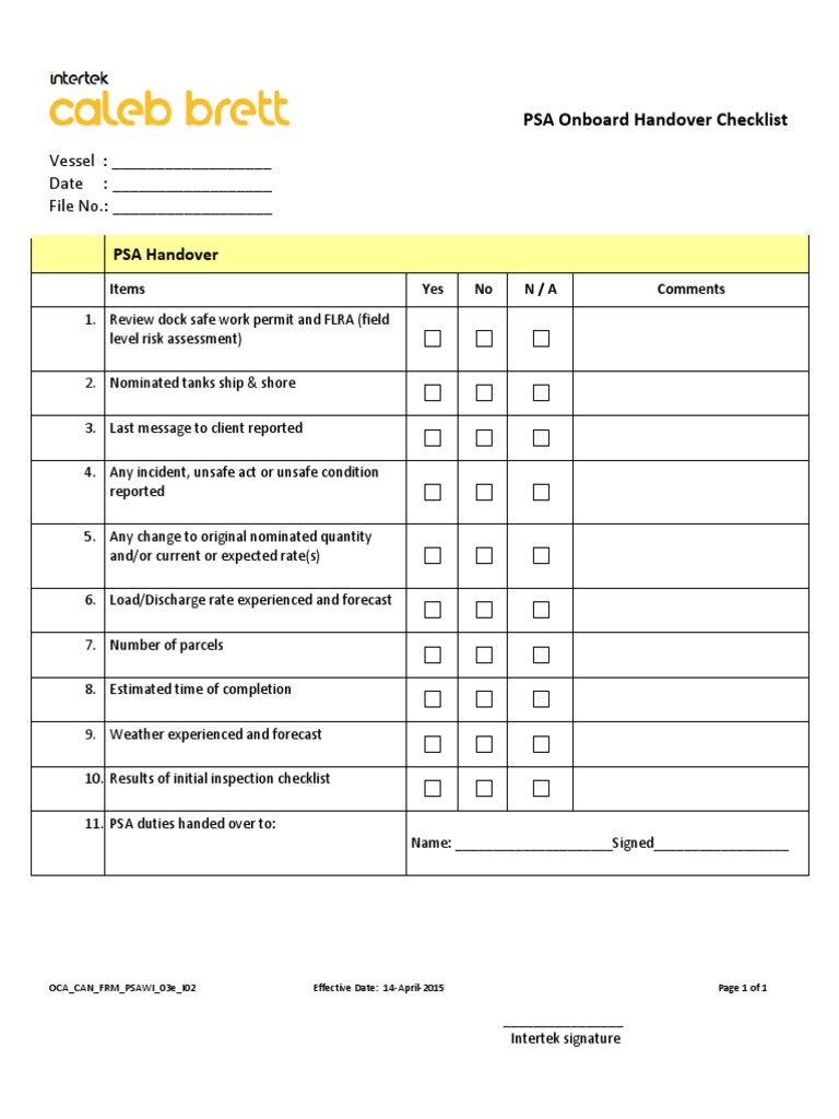 PSA Onboard Handover Checklist | PDF