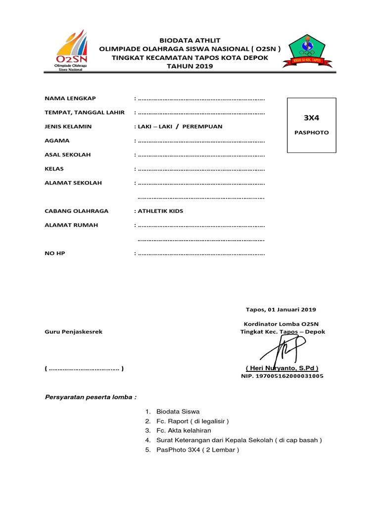 Biodata Peserta O2SN 2019 Tapos | PDF | Olahraga & Rekreasi | Game ...