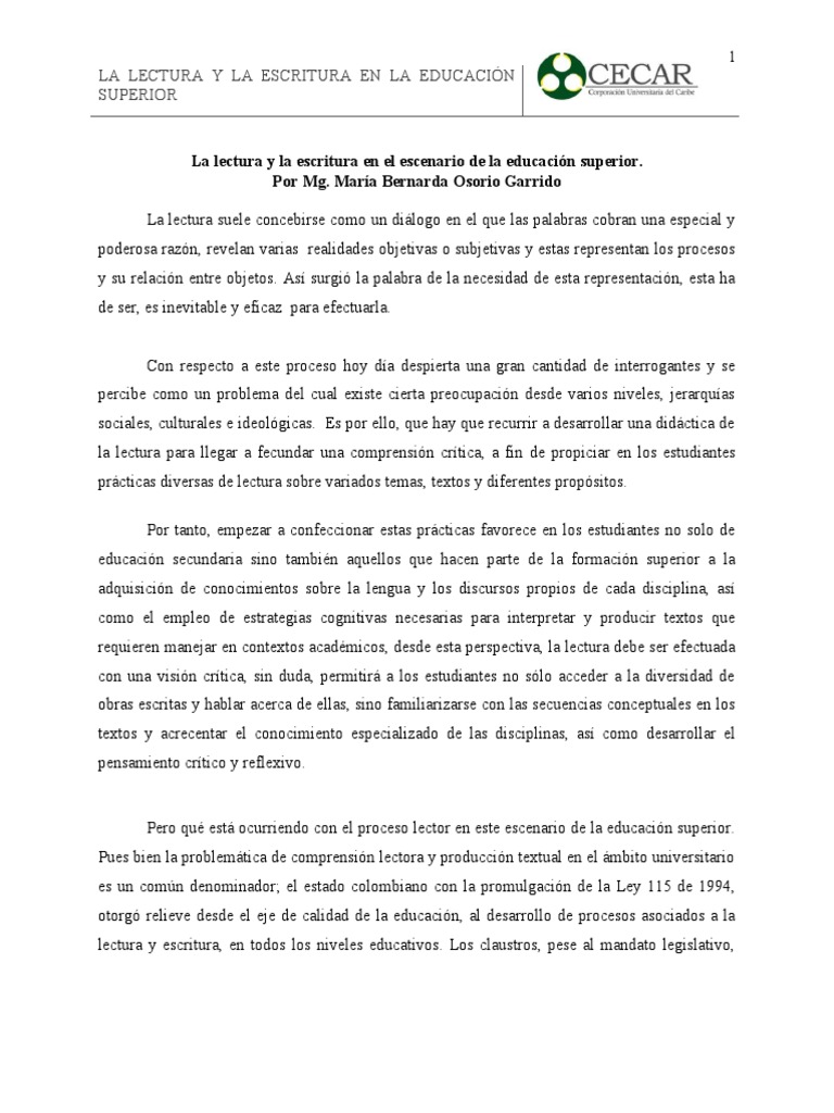 La Lectura y La Escritura en La Educación Superior | PDF | Comprensión ...