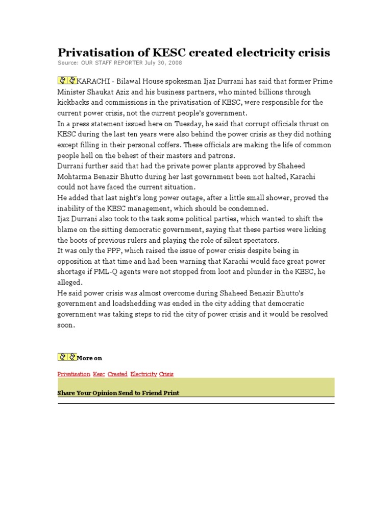 KESC Privatization and Power Crisis | PDF
