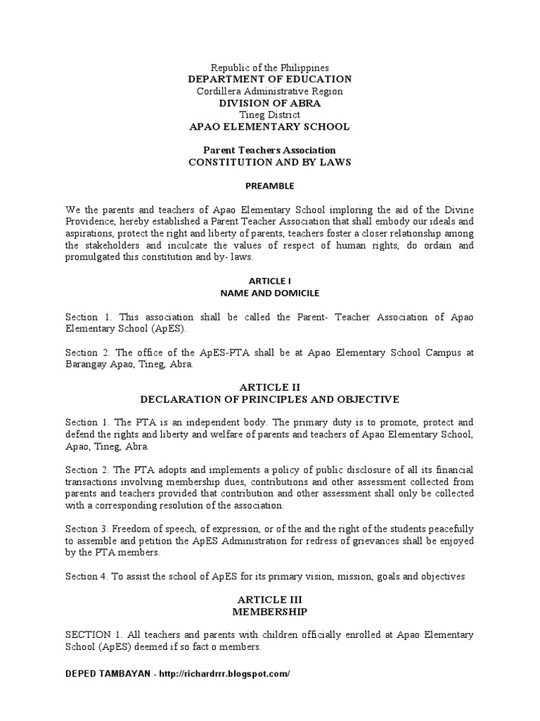 Constitution and ByLaws of The Pta PDF Board Of Directors