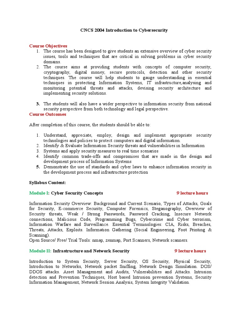 CNCS2004-Cybersecurity Syllabus | PDF | Computer Security | Security