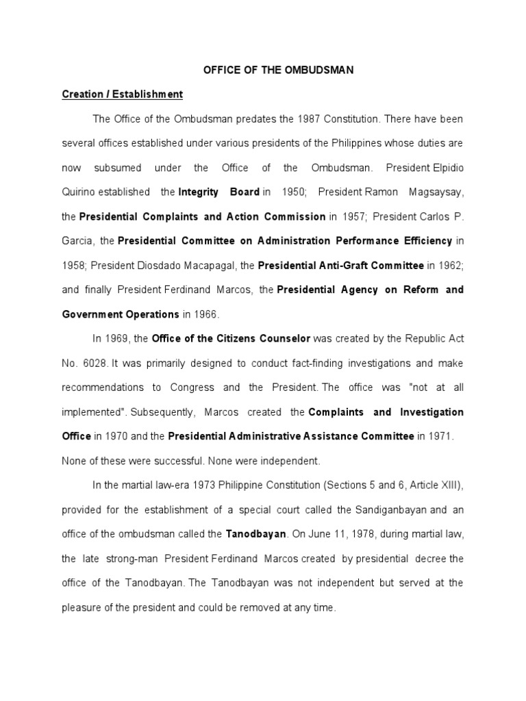 The History and Evolution of the Office of the Ombudsman in the Philippines PDF Justice