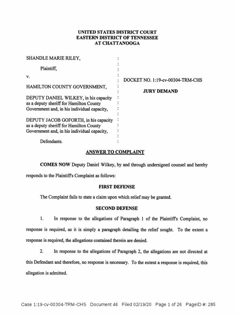 Wilkey Answer To Riley Complaint | PDF | Law