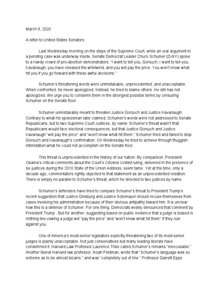 Article III Project Schumer Letter | PDF | Chuck Schumer | Supreme