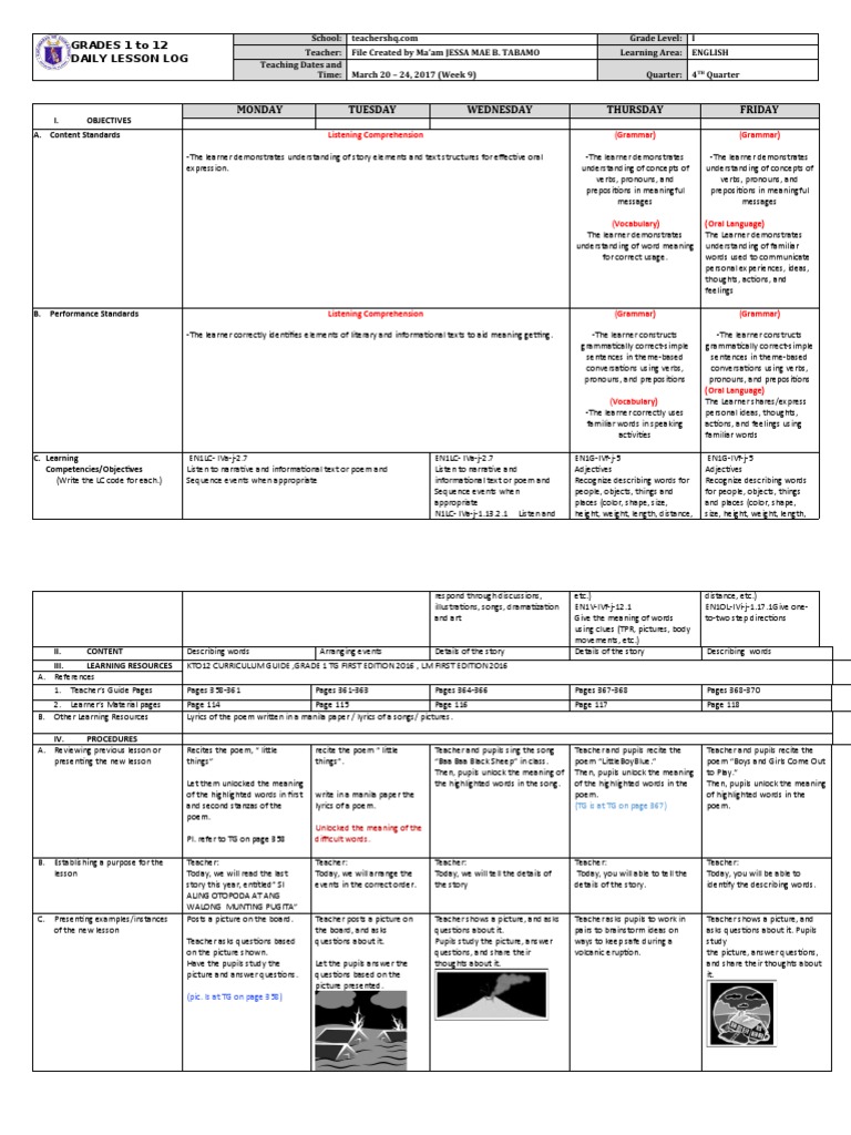 Grade 1 DLL Week 9 Lesson Plan | PDF | Reading Comprehension | Grammar