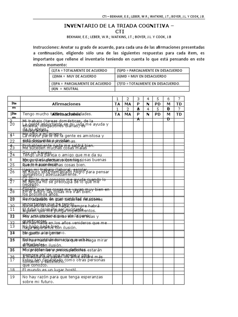 Escala Triada Cognitiva Beck Pdf Psicología Clínica Sicología