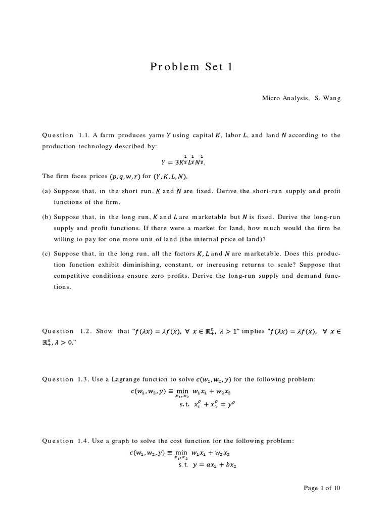 Microeconomic Analysis Problem Set 1 | PDF | Long Run And Short Run ...