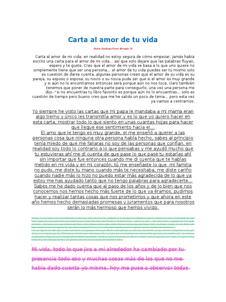 Carta Al Amor de Mi Vida Paulina Guadalupe Rivera Barragan 1.G | PDF ...