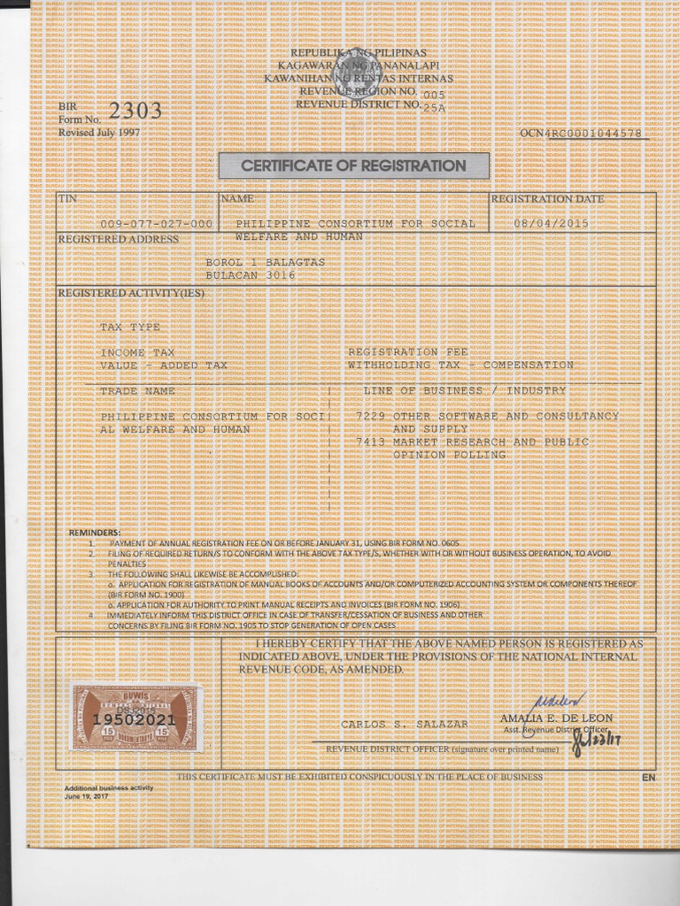 Bir Form 2303 PDF PDF