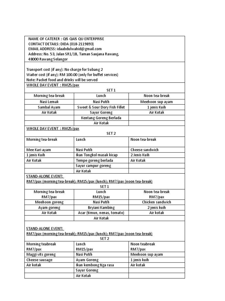 Menu ExecTrainQIS QAIS QU Subang | PDF