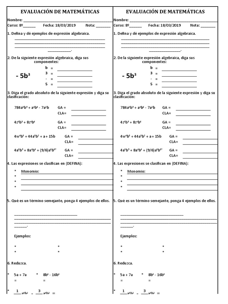 Hojas De Trabajo Para Evaluar Expresiones Algebraicas