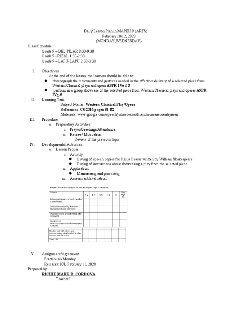 Daily Lesson Plan in MAPEH 9 (MARK) | PDF | Lesson Plan ...