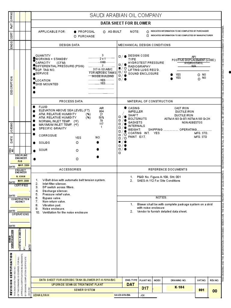 Aerobic Tank Blower Data Sheet | PDF | Gas Technologies | Gases