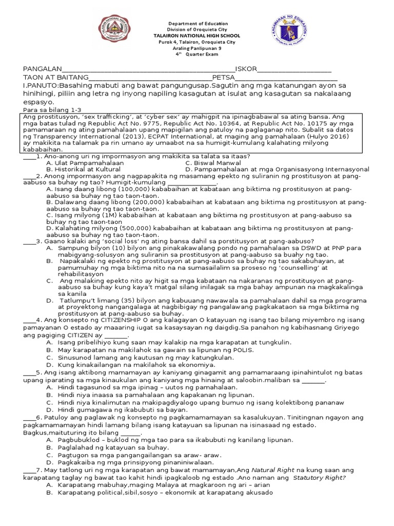 AP10 4th Quarter Examination PDF