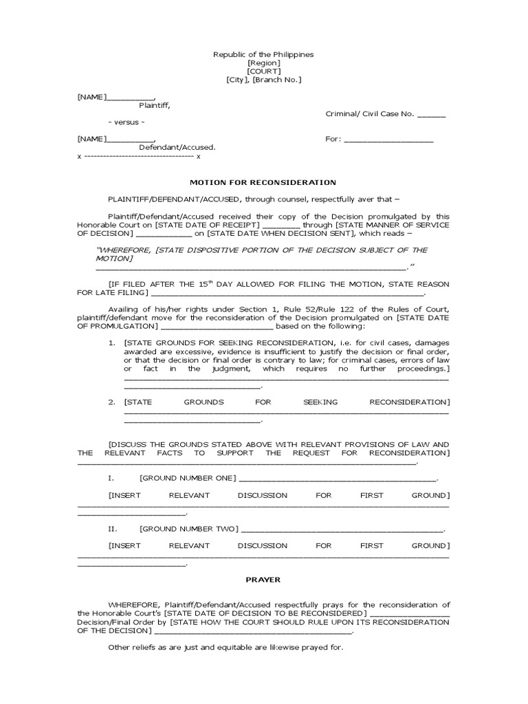 Motion for Reconsideration Criminal Case Philippines PDF Lawsuit