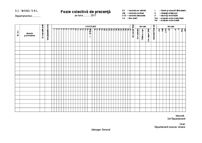 Fisa Pontaj Model : Condica de prezenta cu ora de inceput si de sfarsit ...