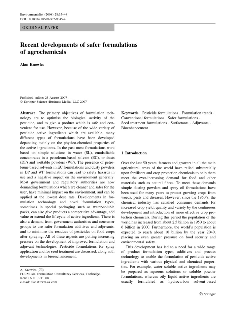 Advances in Safer Agrochemical Formulations | PDF | Emulsion | Mill ...