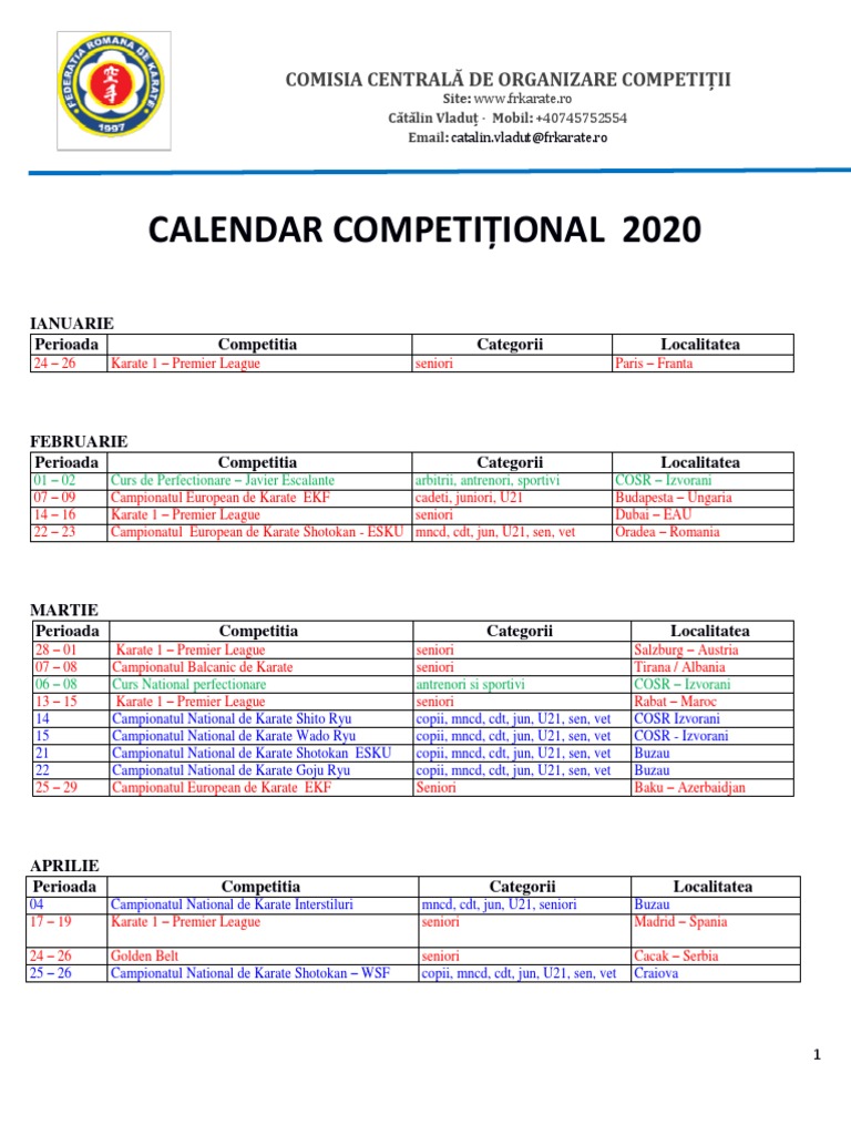 Calendar Competitional FR KARATE Pentru Anul Competitional 2020 PDF