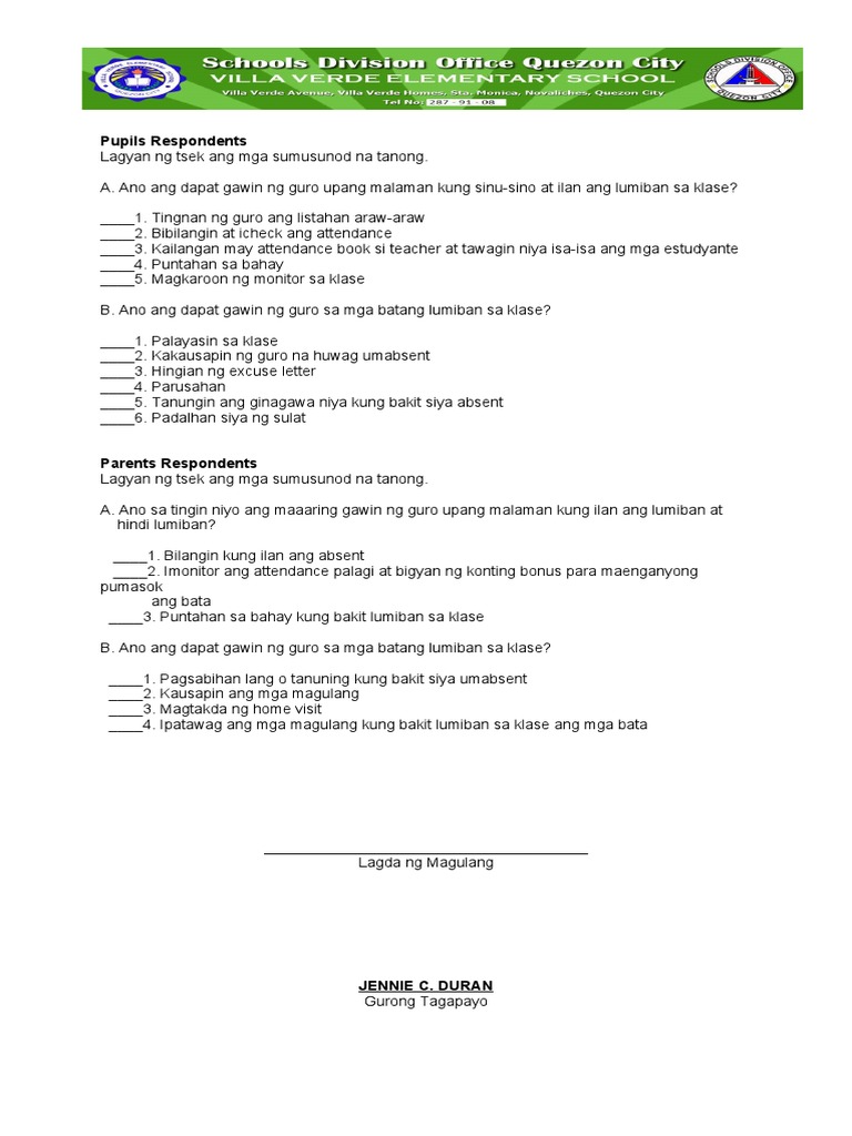 Questionnaire For Absenteeism | PDF