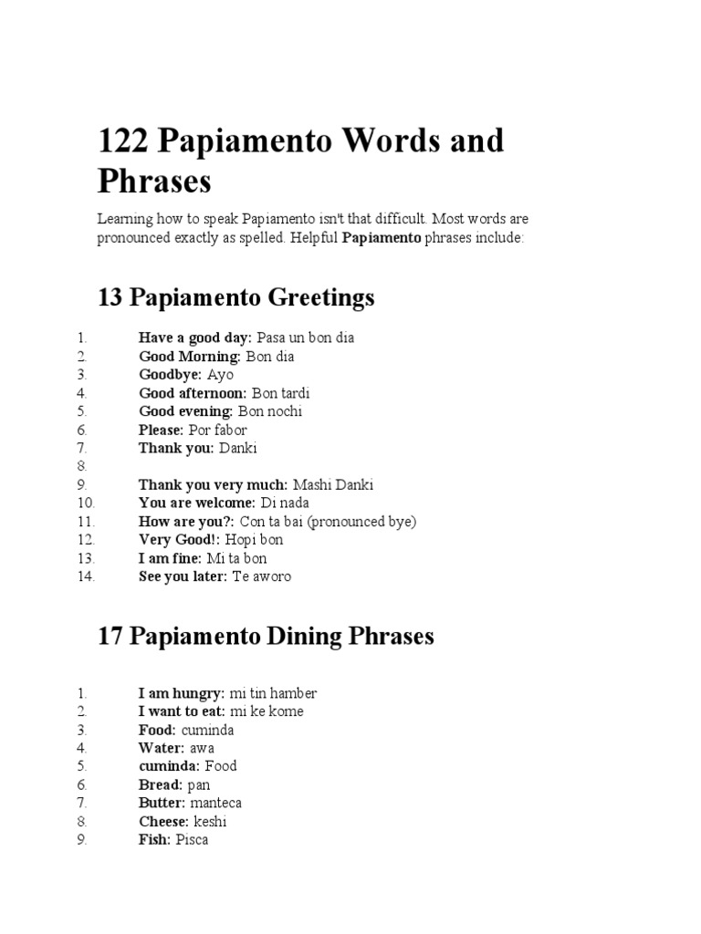 Essential Papiamento Words & Phrases | PDF | Food And Drink | Foods