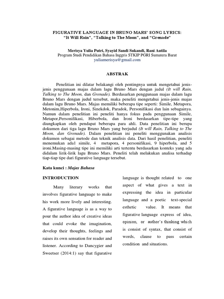 Figurative Language In Bruno Mars039s Song Lyrics It Will Rain Talking To The Moon And Grenade Pdf