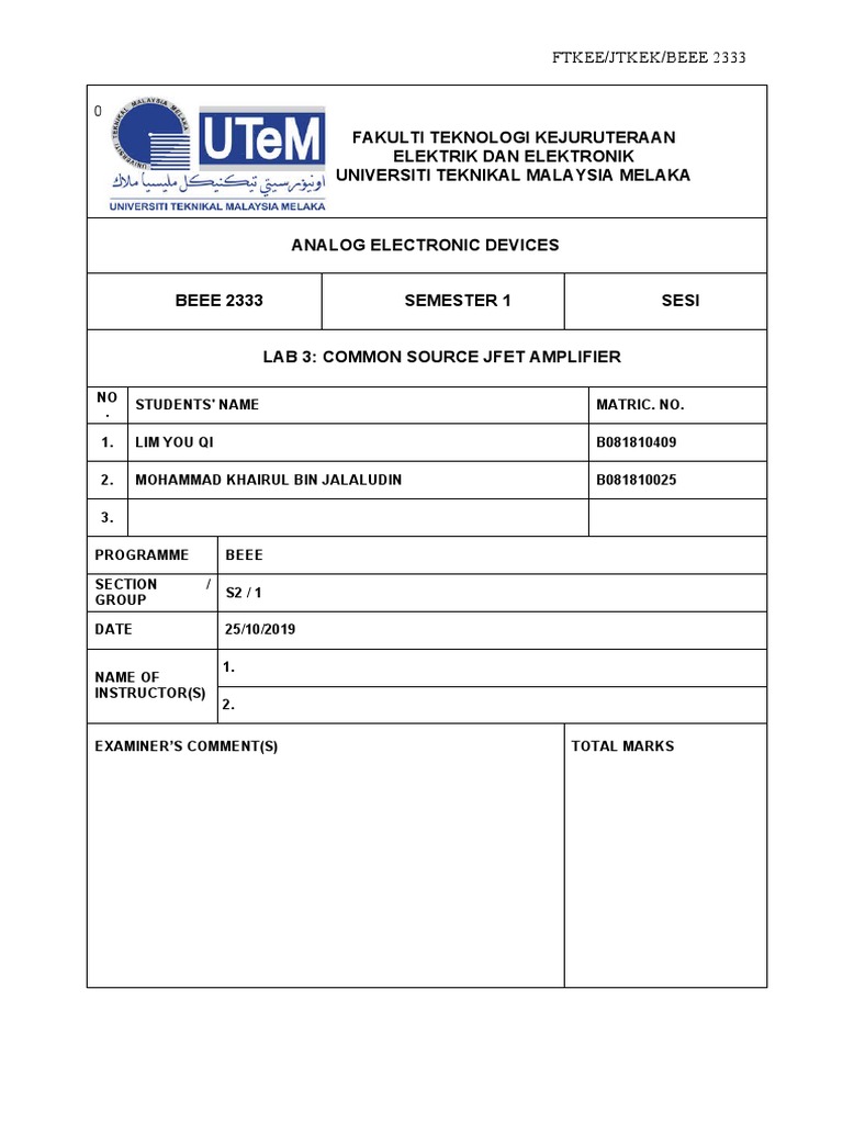 BEEE 2333 Lab 3 Common Source JFET Amplifier PDF Amplifier