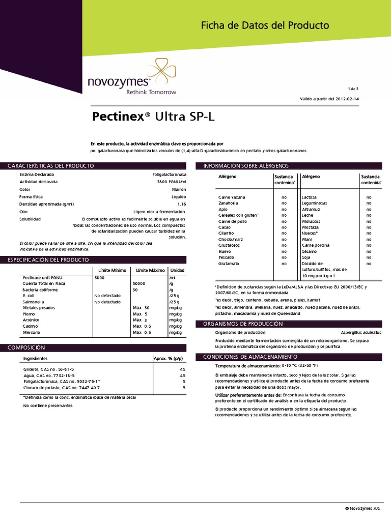 Ficha Tecnica Pectinex Ultra SPL PDF Análisis de Riesgo y Puntos