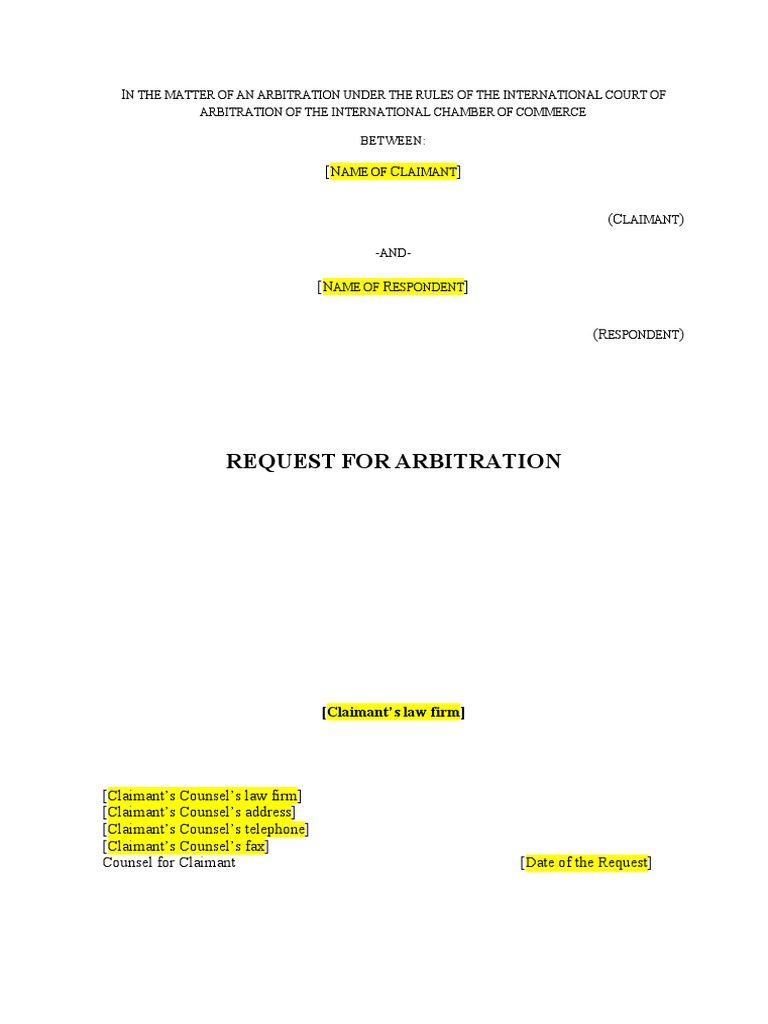 Model Icc Request For Arbitration Pdf Arbitration Arbitral Tribunal