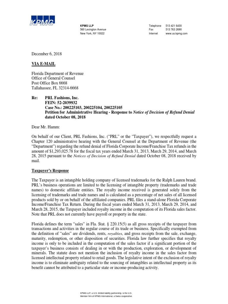 Ralph Lauren Seeks Tax Refund Through Loophole PDF Royalty Payment