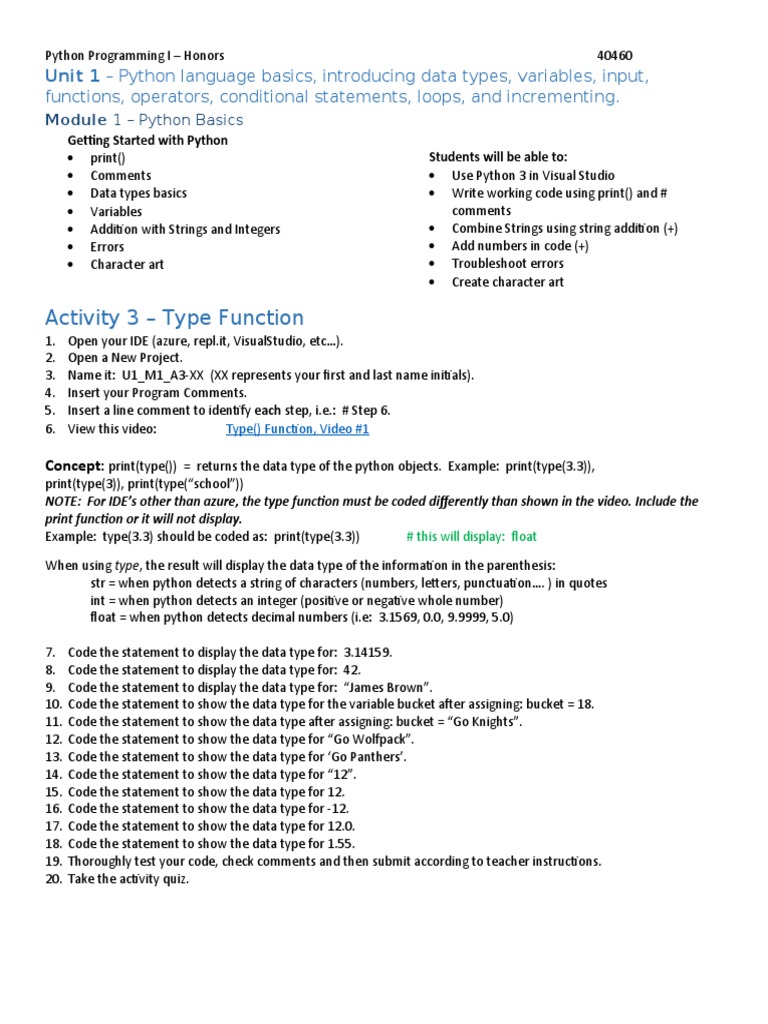 Unit1, Module1 Activity3 | PDF | Data Type | Python (Programming Language)