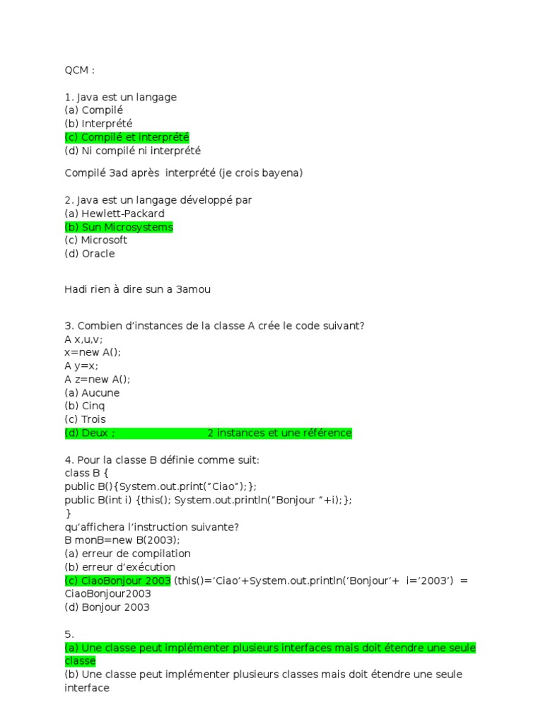 Correction QCM Java1 PDF Java (Langage de programmation) Compilateur