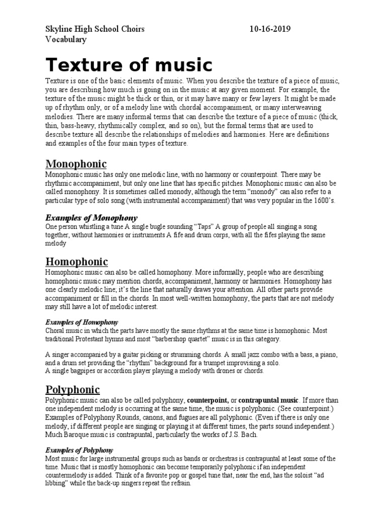 An Overview of Musical Texture: Monophonic, Homophonic, Polyphonic, and