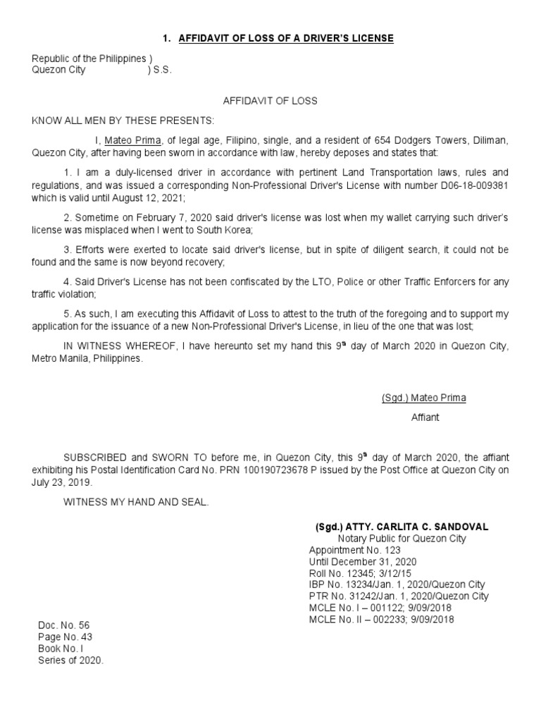 Affidavit of Loss: Driver's License | PDF | Affidavit | Document