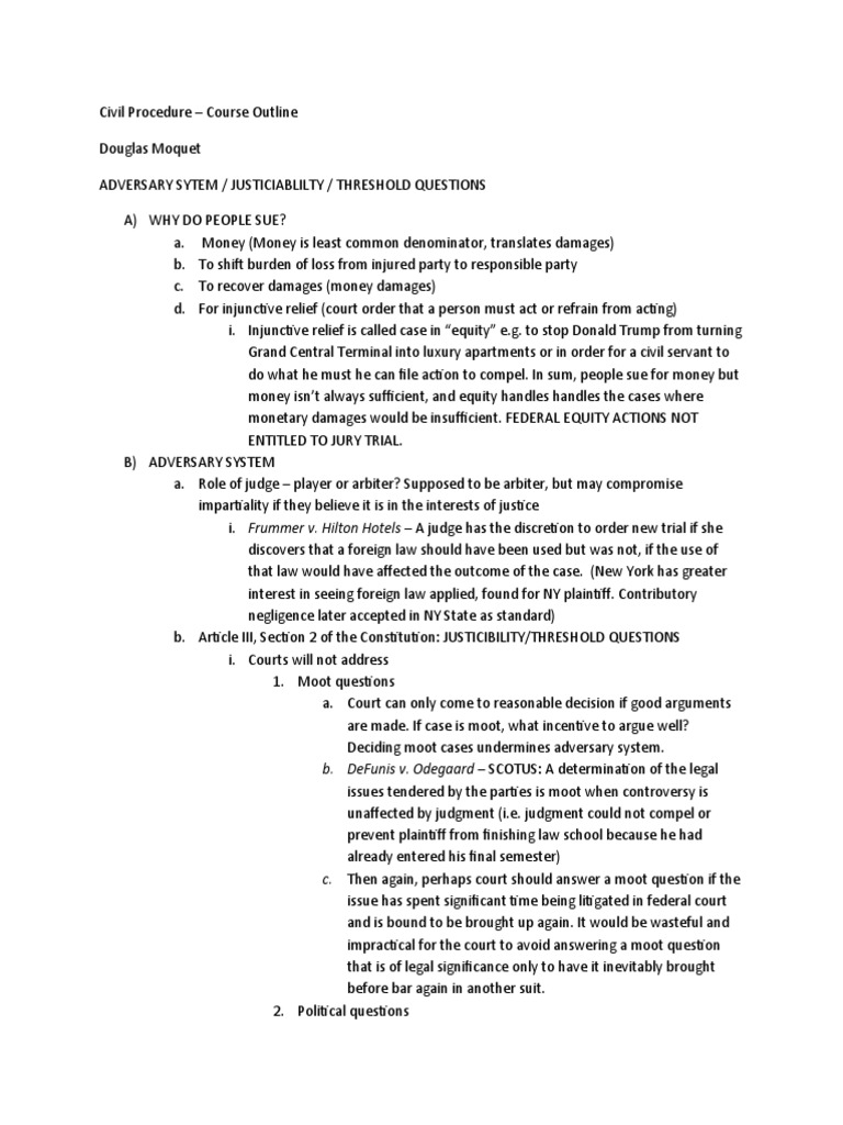 Civil Procedure Outline PDF Diversity Jurisdiction Supplemental