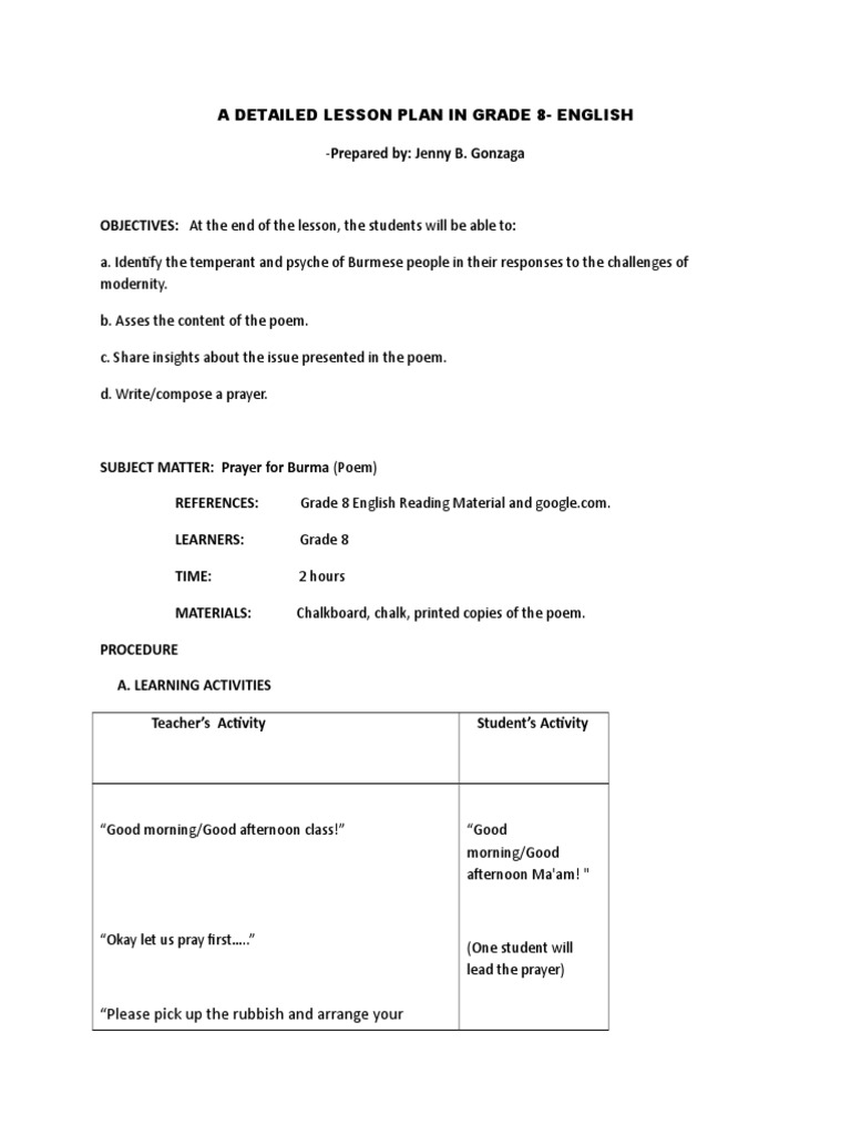 Lesson Plan: Prayer for Burma | PDF | Lesson Plan | Prayer