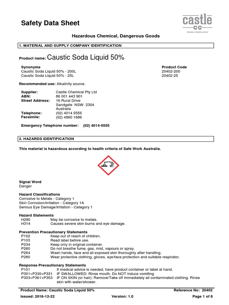 Caustic Soda Liquid 50 SDS PDF Download Free PDF Dangerous Goods