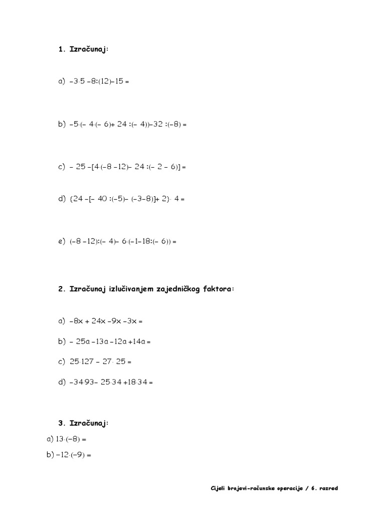 Cijeli Brojevi Računske Operacije PDF | PDF