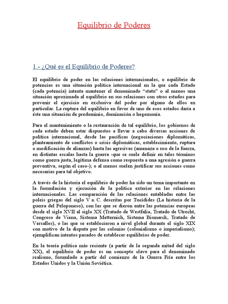 Equilibrio de Poderes en El Perú PDF Relaciones internacionales Ciencias Políticas