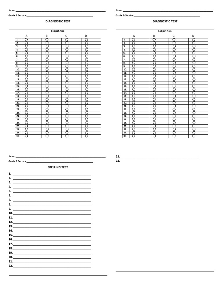 Diagnostic Test Answer Sheet | PDF | Tests | Student Assessment And ...