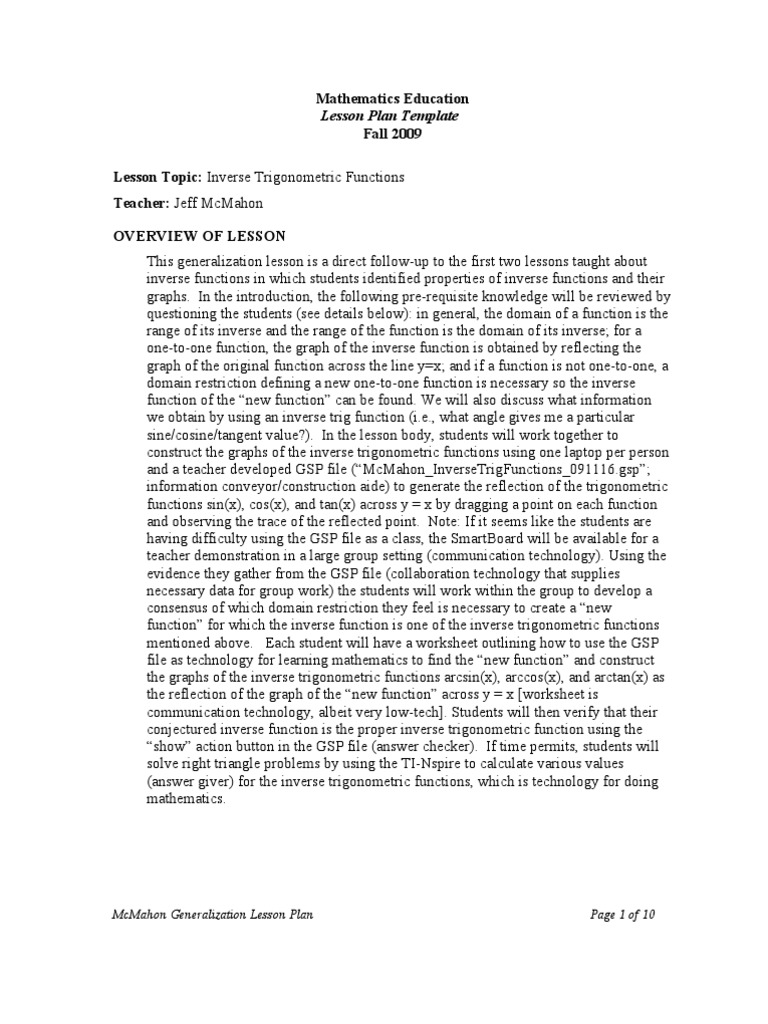 Inverse Trig Function Lesson Plan | PDF | Function (Mathematics ...