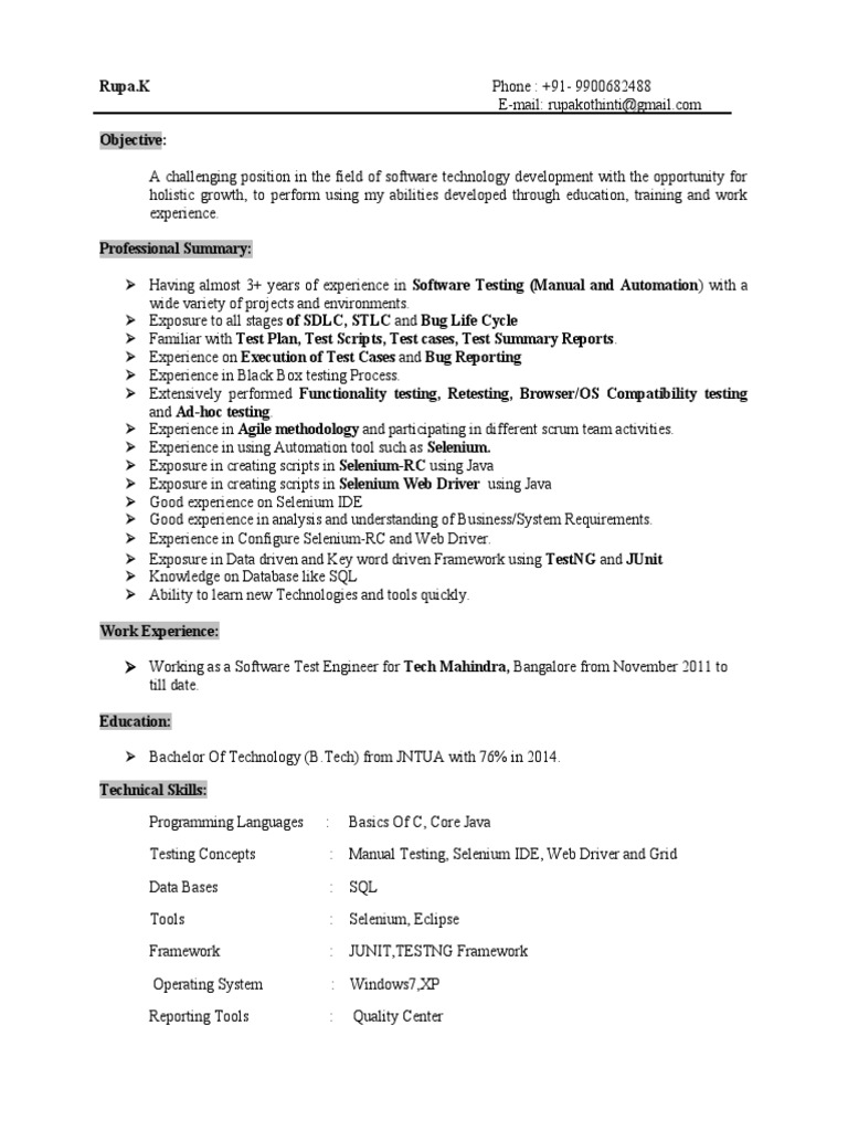 Software Testing Resume of Rupa K | PDF | Selenium (Software ...