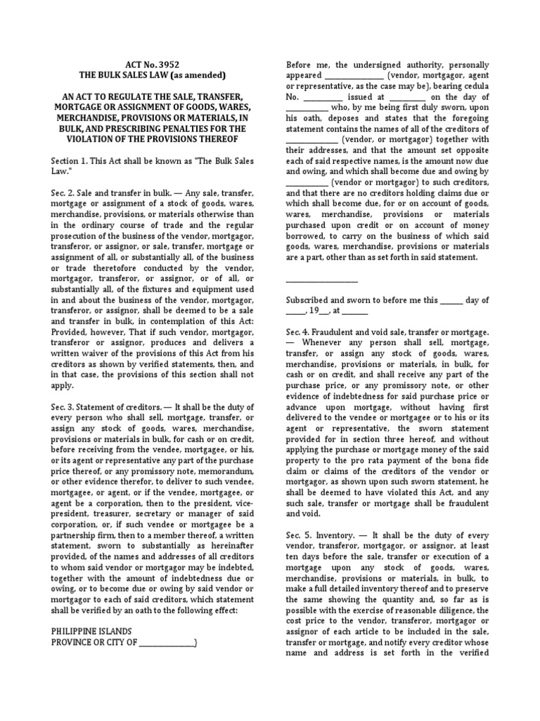 Bulk Sales Law Act No 3952 PDF Mortgage Law Assignment (Law)