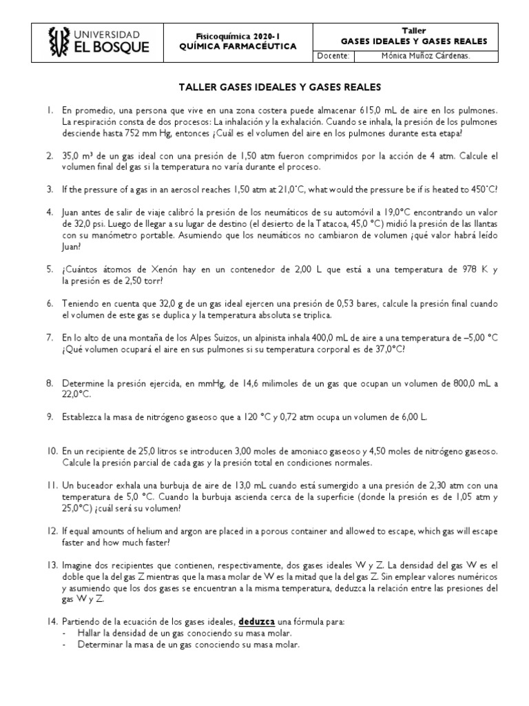 Taller sobre Gases Ideales y Reales | PDF | Gases | Mole (Unidad)
