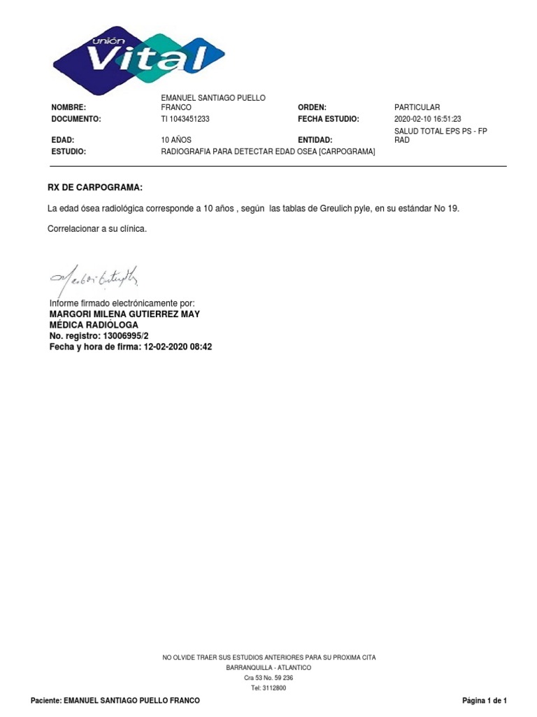 Radiografia para Detectar Edad Osea (Carpograma) | PDF